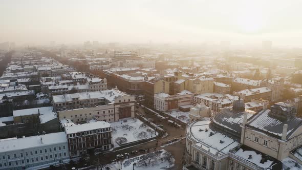 Cinematic Aerial Footage of Old City Center and Opera and Ballet Theatre During Sunny Winter Day alt