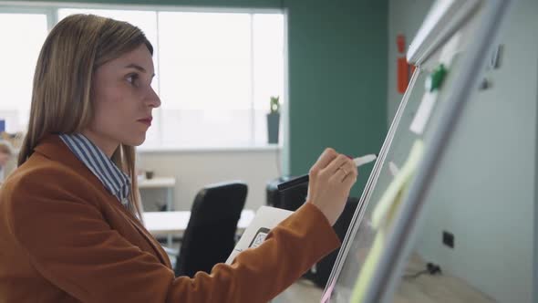 Woman Making Notes and Research, Writing on Whiteboard in Office