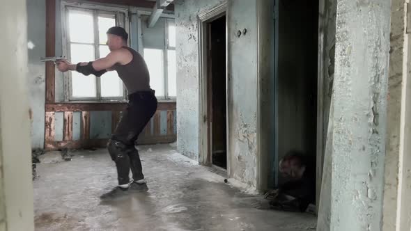 Shooting a Horror Movie the Actors Rehearse the Main Character Shoots at the Zombies