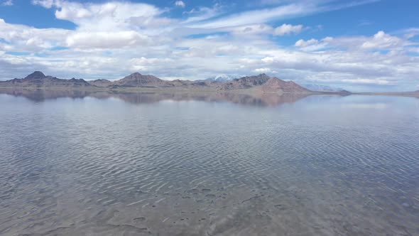 Aerial view flying over the Bonneville Salt Flats covered in water alt