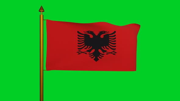 National flag of Albania waving with flagpole on chroma key, Republic of Albania flag textile alt