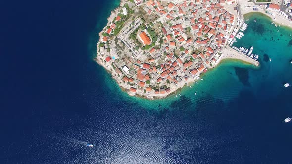 Flying above famous dalmatian nautical destination, Primosten, Croatia alt