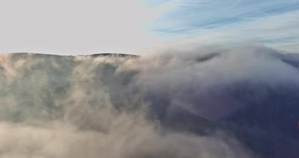Beautiful Panorama of Aerial View on Forested Mountain Slope with Fog alt