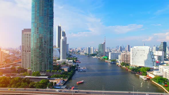 4K UHD : Bangkok River drone view. Flying over the Chao Phraya River alt