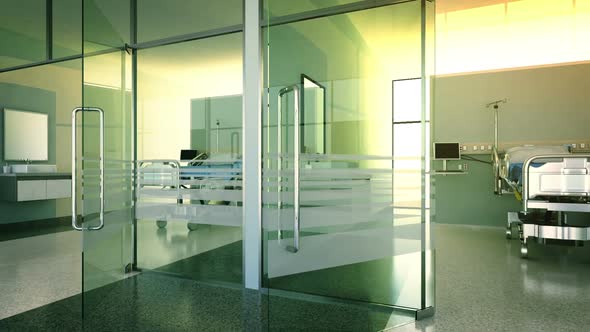 A walk through the hospital hallway with a view of hospital rooms. Loopable. HD alt