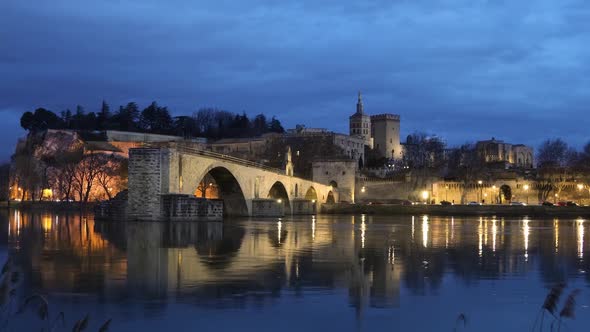 Old Bridge and City Skyline at Dusk in Avignon France