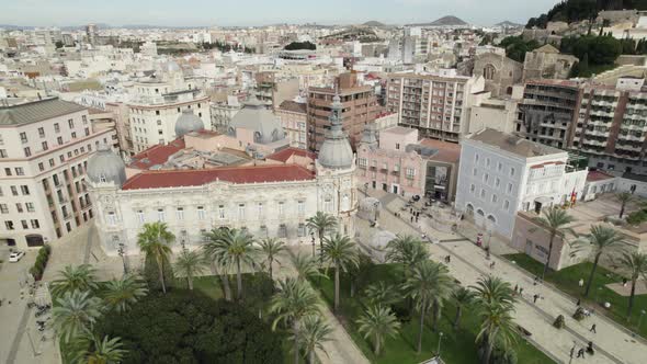 Drone pan reveals historical Cartagena City Hall; Murcia, Spain