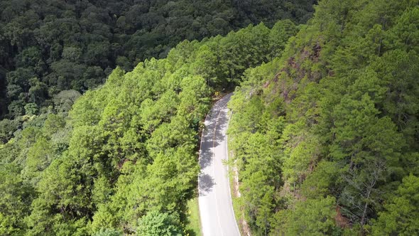 Aerial view of a car running along the mountain road through tropical forest in countryside by drone