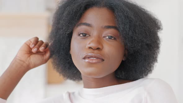 Portrait Afro American Ethnic Beautiful Curly Woman African Girl Looking at Camera Twists Curl on alt