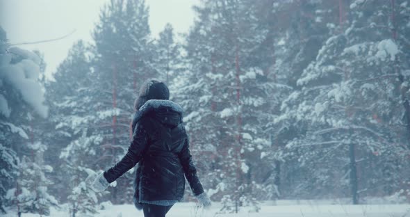 Beautiful Woman Walks in the Winter Forest the Trees are Covered with Snow alt