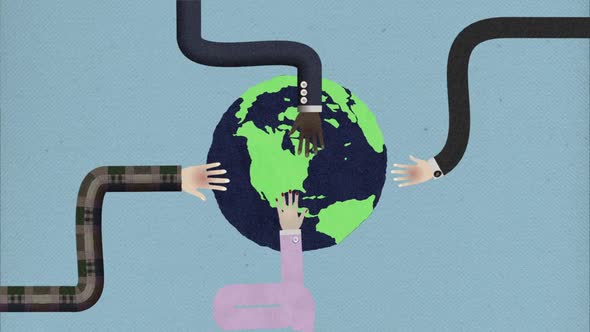 Long Hand Assembling Planet Earth Cutout Retro Style alt