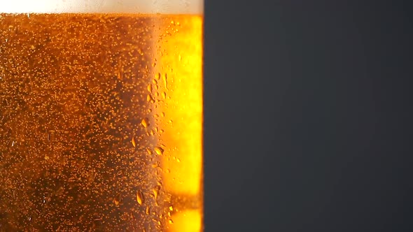Cold Beer in a Glass Bottle with Dripping Condensation Drops and Air Bubbles alt