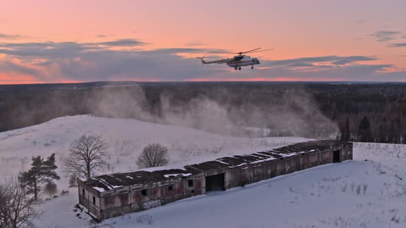 Rescue Helicopter Fly Over the Abandoned Building