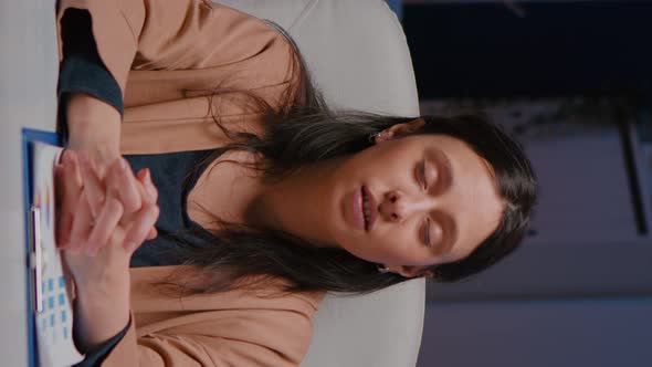 Pov of Exhausted Businesswoman Talking with Remote Business Team alt