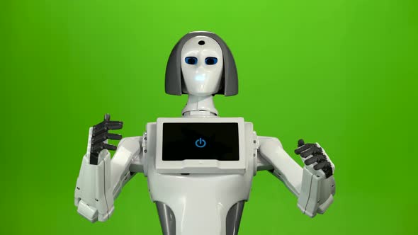 Robot Tilts Its Body and Puts Its Arms in Front of It, Green Screen alt