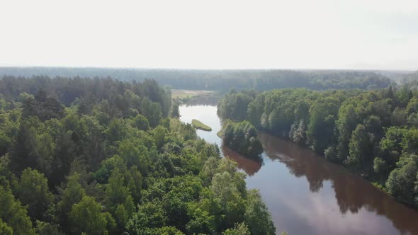 Landscape of Nature While Bright Day - the River Extends Between the Forest alt