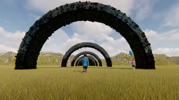 Little Girl Entering Black Tunnel in Middle of Valley Animation alt