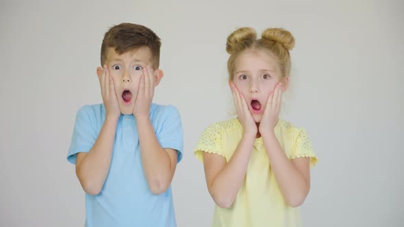 Portrait of Surprised Two Children Little Girl and Boy Looking at Camera with Shocked alt
