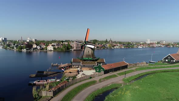 Aerial view of historic windmills of Zaanse Schans, Zaandam near Zaandijk and Amsterdam, Netherlands