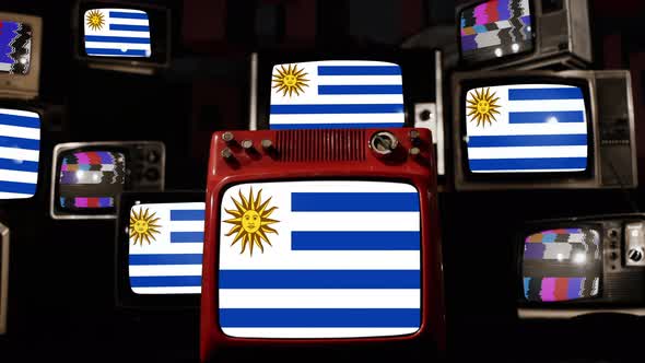 Flag of Uruguay on Retro TVs. 4K.
