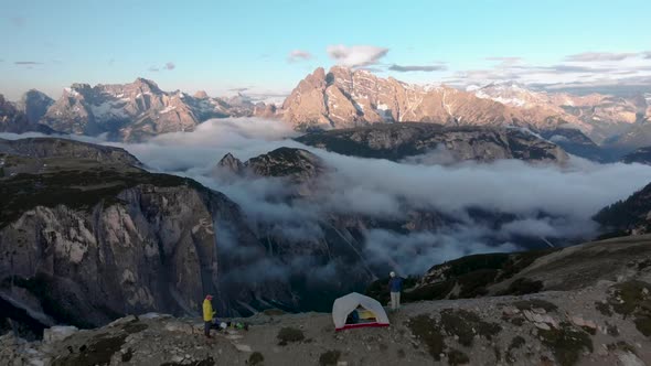Aerial Hikers Camp In Dolomites Mountains in Italy