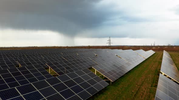 Aerial drone view of Green energy Power Plant. Ecology concept. Flying above Solar Power Station.