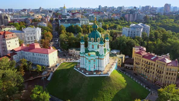 Aerial Drone Video Famous St. Andrews Church and Panorama of Kyiv, Ukraine alt