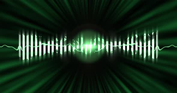 Visualizer equalizer meters modern audio on dark green background.