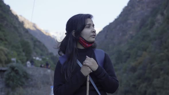 Indian Girl Trekking Kedarnath Temple, Uttarakhand India, Himalaya