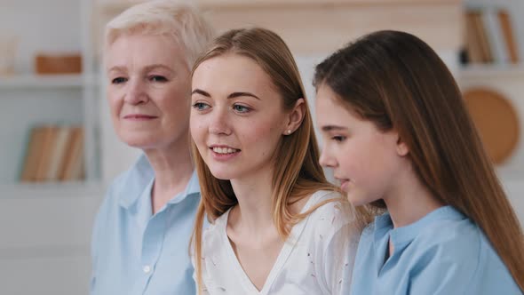 Closeup Profile Faces View Diverse Generation of Women Standing in Row Indoor Smiling Talking to alt