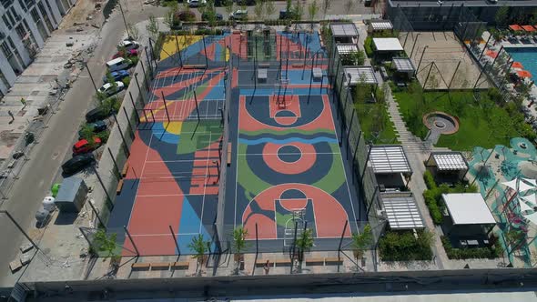 Drone Aerial View Sports Ground on Territory Modern Residential Complex alt