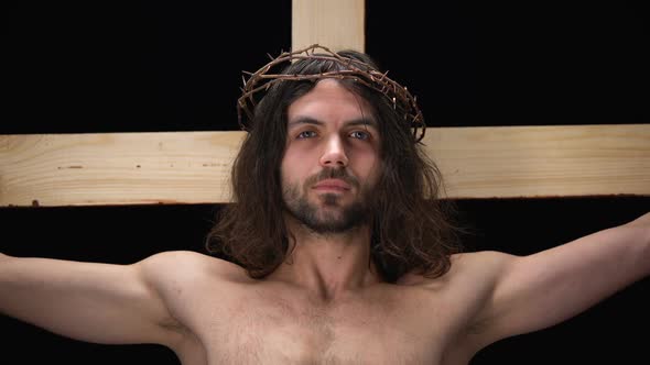 Jesus on Cross Dark Background, Forgiveness of Sins, Religious Love and Kindness alt