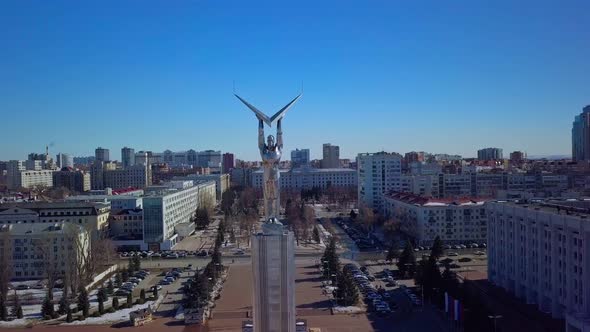 Aerial View of Glory Square in Samara at Sunny Winter Day Flying From Famous Monument