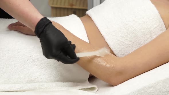 Beauty Master Applying Shaving Wax on Woman Arm at Spa alt
