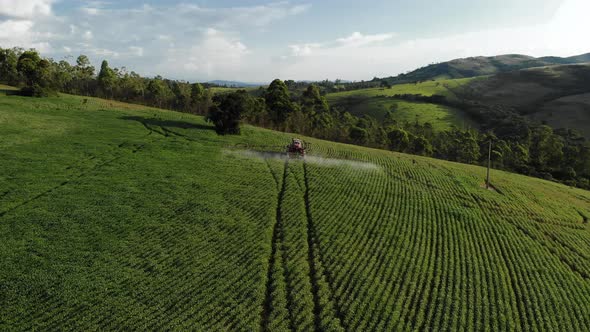 Tractor spraying soybean plantation in Brazil alt