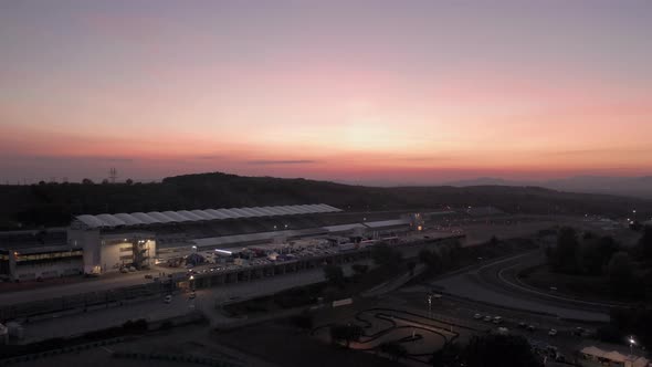 Aerial view of Hungaroring paddock and race track, after sunset