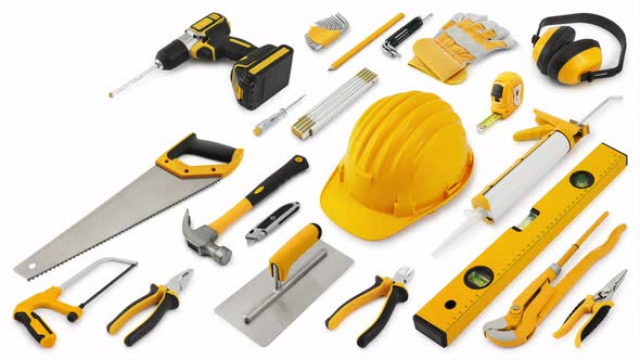 Construction work tools for building. Yellow hard hat with work equipment isolated white backgroud