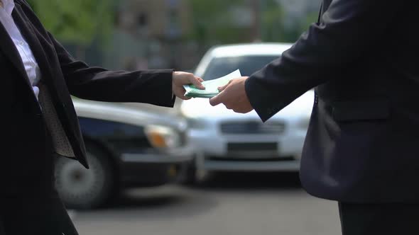 Woman Giving Bunch of Euros to Man, Partners Shaking Hands, Payment for Service alt