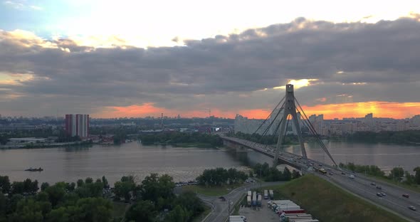 Evening Aerial View Shot of Kiev Road Bridge Over Dnieper Ukraine