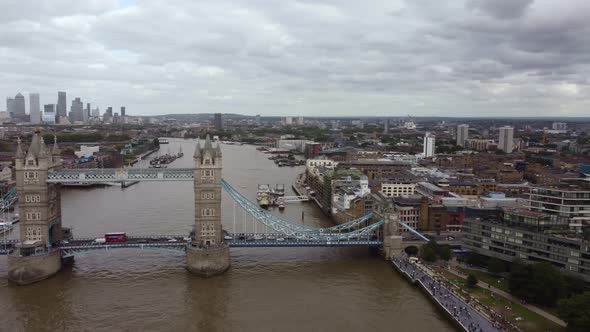 Drone View of Tower Bridge with a Plan to Cross Over to the Borough of Southwark