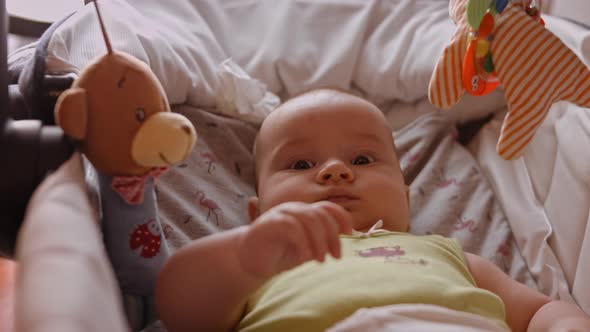 Newborn Baby Human Child Lies on His Back in a Stroller at Home alt