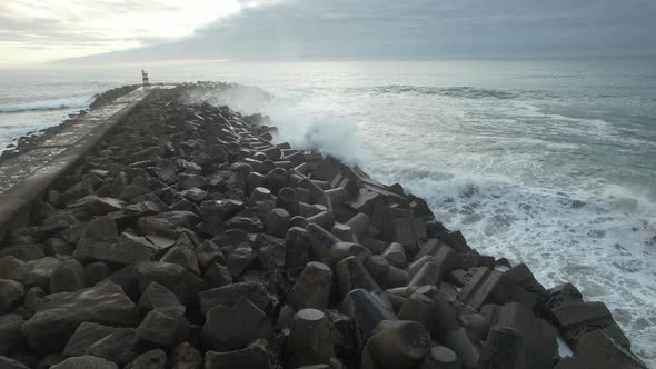Storm at Sea, Winds, Big Waves Hit Lighthouse in Portugal alt