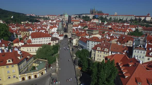 Aerial of Prague with the Lesser Town Bridge Tower