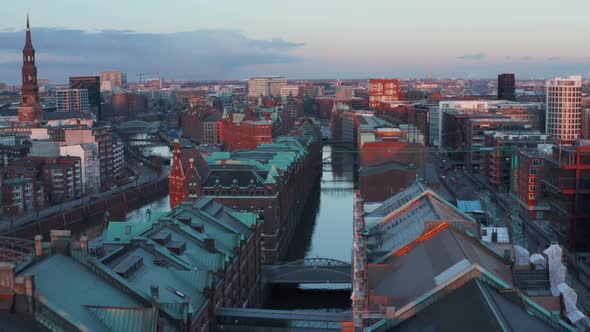 Aerial View of Speicherstadt Warehouse District Along the Banks of River Elbe in Hamburg alt
