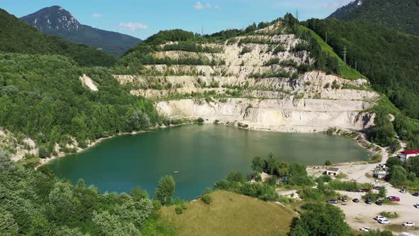 Aerial view of a lake in the village of Sutovo in Slovakia alt