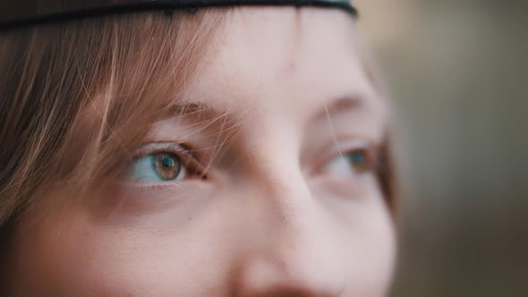 Extreme Close Up, Caucasian Woman with Headband Opening Beautiful Green Eyes. Natural Beauty and alt