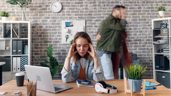 Zoom Out Time-lapse of Tired Young Woman Touching Head in Office Feeling Sick alt