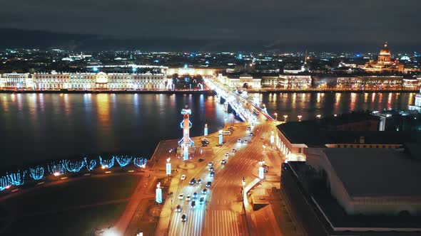 Aerial View of Old Saint Petersburg Stock Exchange and Rostral Columns, St Petersburg, Russia