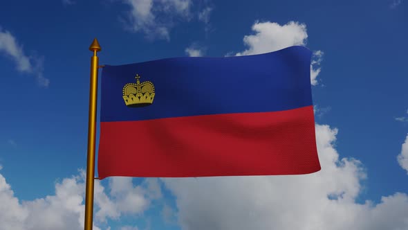 National flag of Liechtenstein waving with flagpole and blue sky timelapse alt