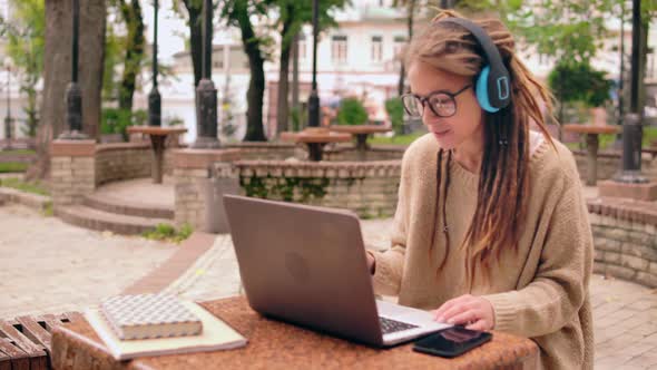 Portrait Smiling Girl Enjoy Favorite Song Outdoors alt